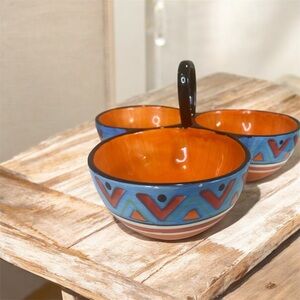 Handcrafted Orange and Blue Ceramic Serving Bowl Set